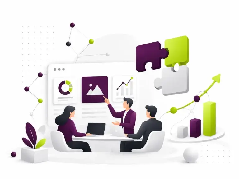 Bloomweb-team werkt samen aan digitale strategie, websiteontwikkeling en online groei met dashboards, puzzelstukken en stijgende grafieken.