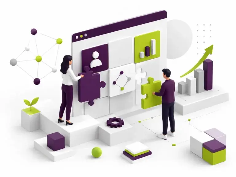 Twee professionals bouwen met puzzelstukken aan een digitaal platform met grafieken, netwerkstructuren en stijgende resultaten als symbool voor Bloomweb.