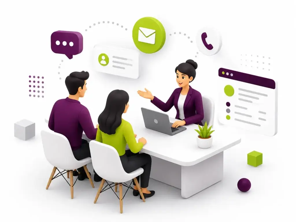 Drie personen zitten in overleg met het Bloomweb-team, omringd door iconen voor chat, e-mail en telefoon als symbool voor persoonlijk contact.