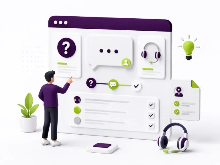 Digitale supportinterface met vraagteken, chat, headset en checklist die snelle hulp en duidelijke communicatie van Bloomweb uitbeeldt.