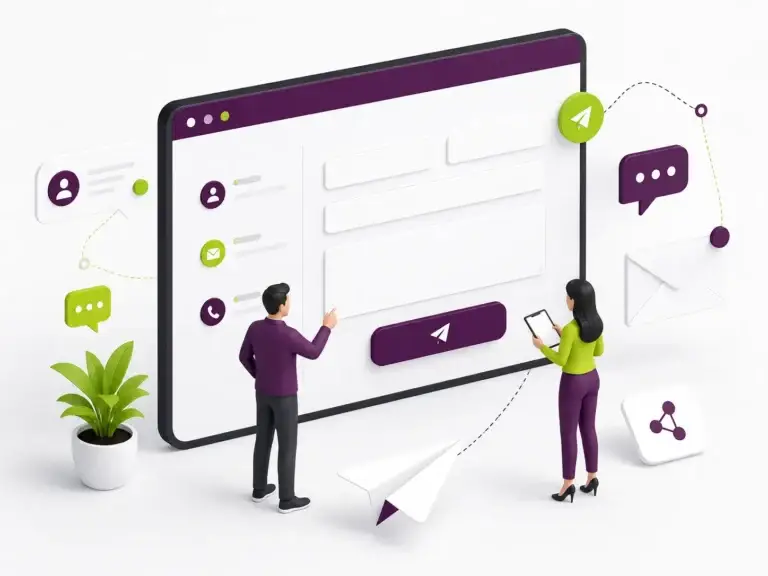 Twee personen gebruiken een groot digitaal contactformulier met pictogrammen voor e-mail, telefoon en berichten om online contact op te nemen met Bloomweb.