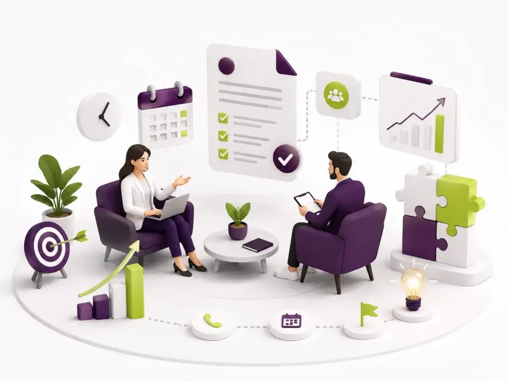 Twee professionals voeren een gesprek in een moderne setting met grafieken, planningselementen en groeisymbolen die advies en samenwerking met Bloomweb voorstellen.
