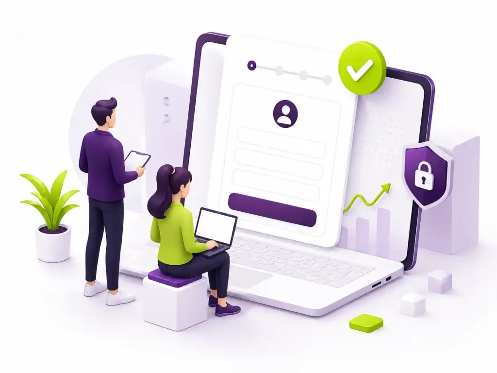Twee personen registreren zich via een digitaal aanmeldformulier van Bloomweb met laptop, beveiligingsicoon en bevestigingscheck.