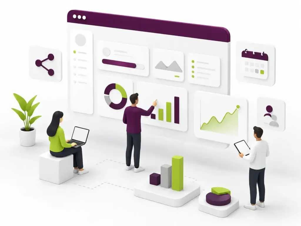 Bloomweb-dashboard met grafieken, statistieken en drie gebruikers die samenwerken aan online groei en prestaties.