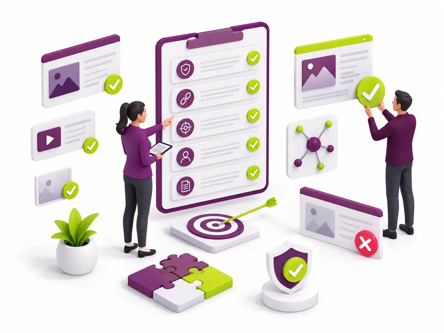Checklist van Bloomweb met goedgekeurde onderdelen, kwaliteitscontrole en visuele iconen voor content, links en veiligheid.
