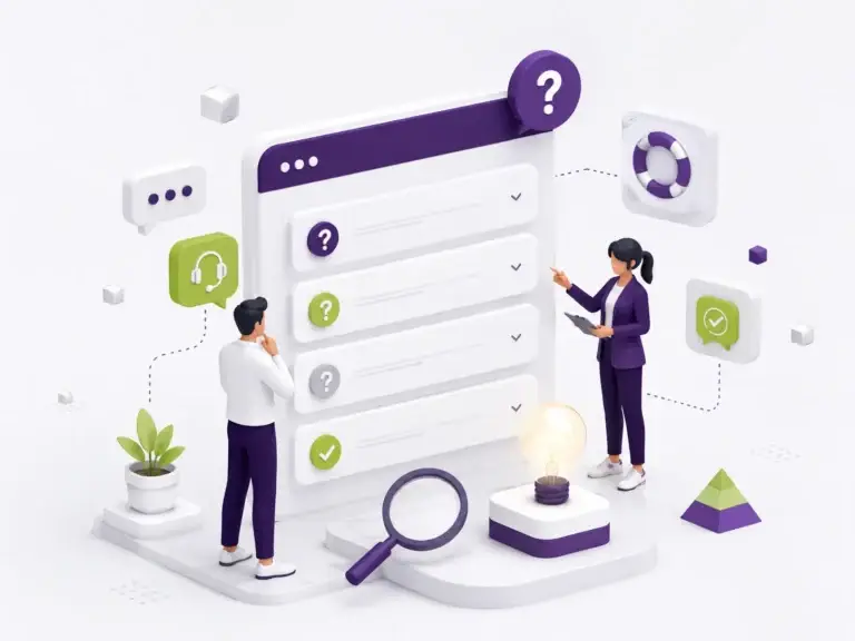 Bloomweb FAQ-illustratie met vraagtekens, uitklapbare antwoordblokken, supporticonen, vergrootglas en twee professionals die informatie bekijken.