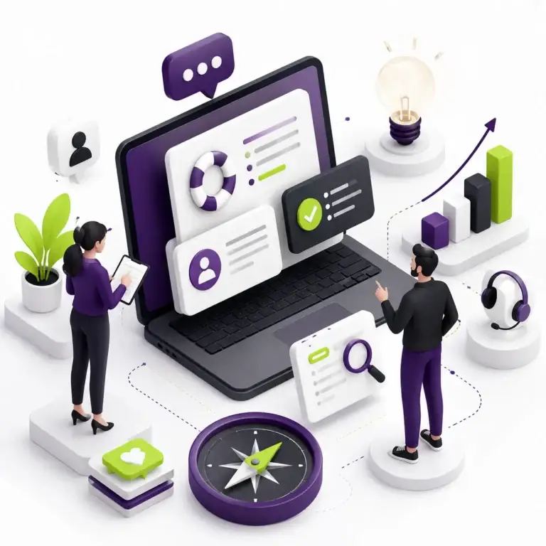 Bloomweb helpomgeving met laptop, supportkaarten, groeigrafiek, kompas, lichtbulb en twee professionals die digitale oplossingen en advies bekijken.