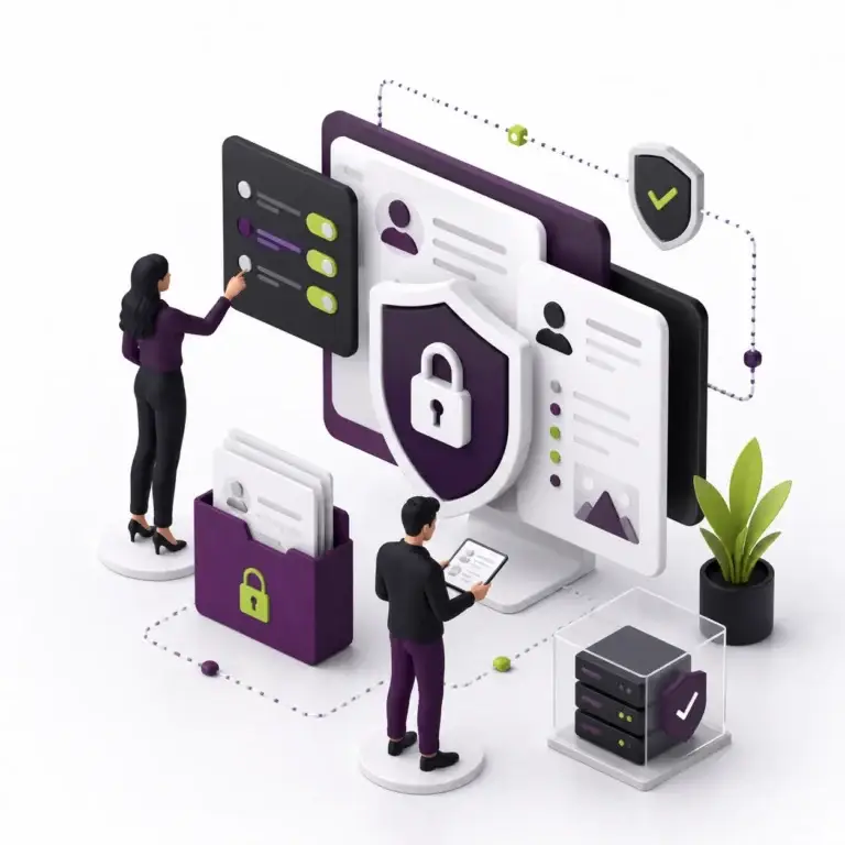 Bloomweb privacybeleid met beveiligd digitaal platform, persoonsgegevens, privacy-instellingen, sloten, beschermde documenten en veilige gegevensopslag.