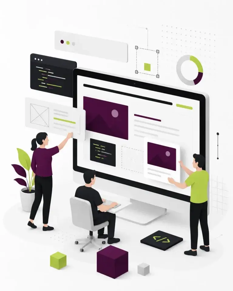 Webdesignteam werkt samen aan een moderne website met interface-elementen, ontwerpblokken en digitale componenten.