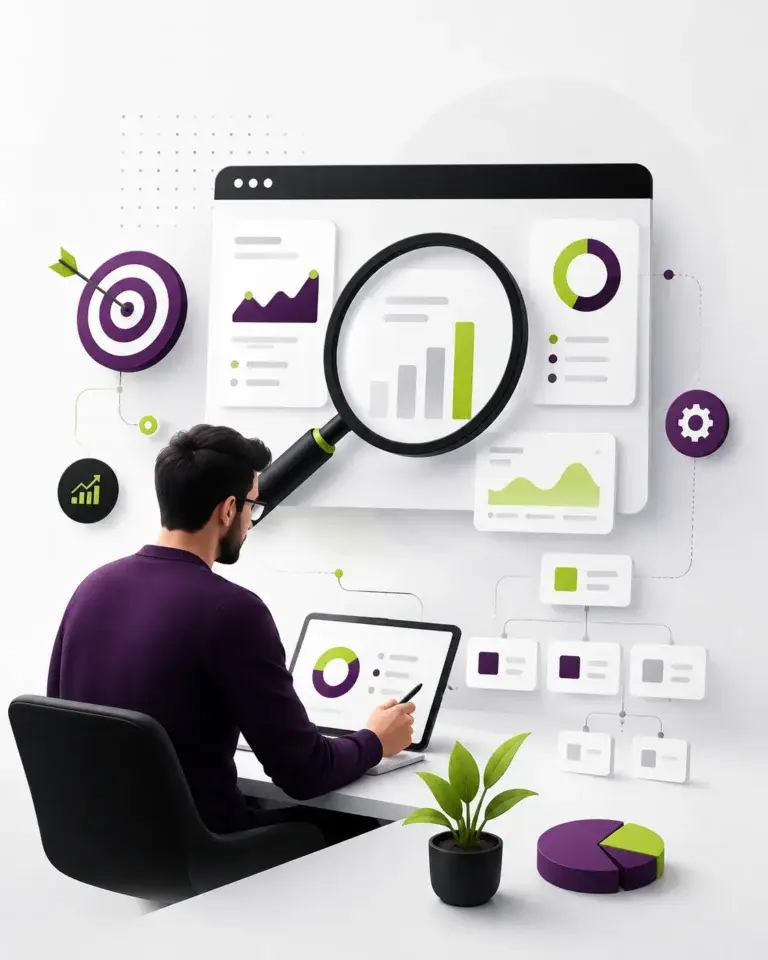 SEO-specialist analyseert websiteprestaties met een vergrootglas, grafieken, doelstellingen en digitale datastructuren.