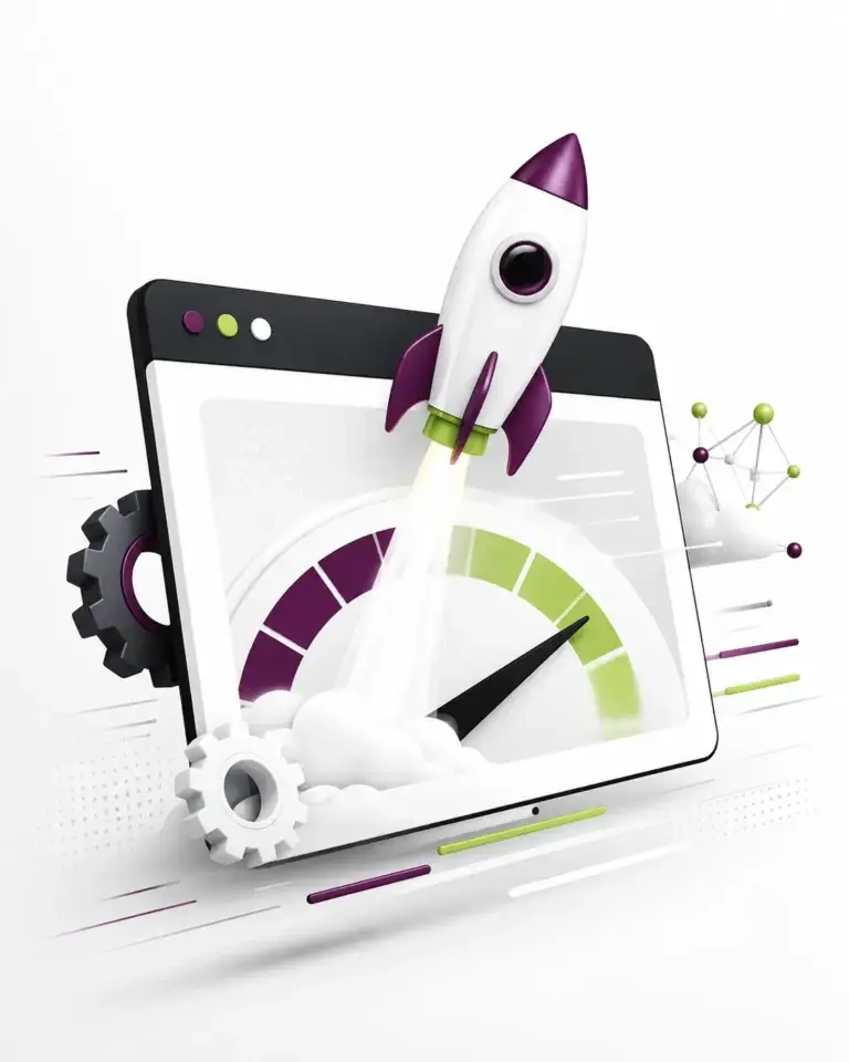 Raket lanceert vanuit een website met snelheidsmeter en tandwielen als symbool voor snelle en geoptimaliseerde websites.
