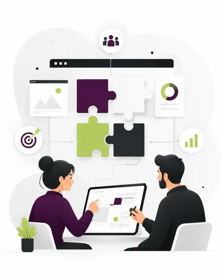 Twee professionals bespreken een websiteontwerp met digitale bouwstenen, statistieken en strategische elementen.